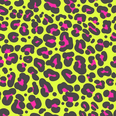 Leopard print seamless pattern. Neon cheetah skin 80 90s design. Black and pink spots on bright yellow background. Vector illustration