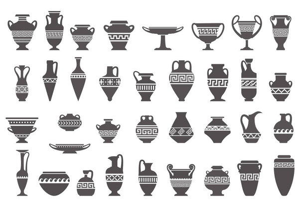 Greek vases silhouettes. Ancient amphoras and pots with meander pattern. Glyph illustration. Clay ceramic earthenware. Vector