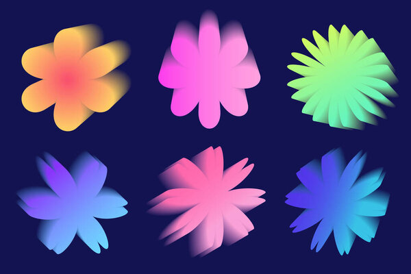 Y2k gradient flowers. Holographic soft aura. Blurred aesthetic shapes. Vector sticker set.