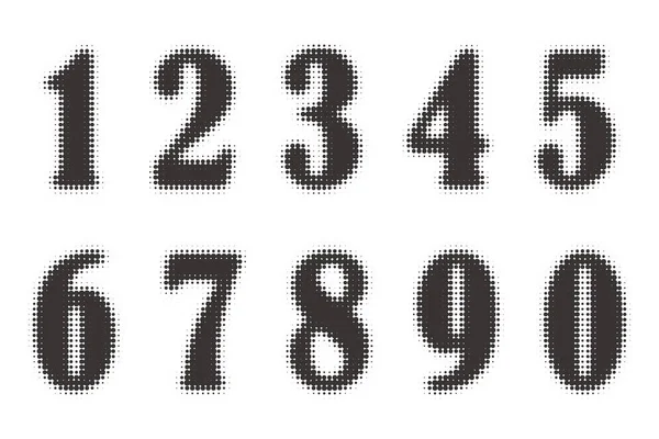 Halbtonnummern Grunge Schrift Mit Pixelmuster Typografie Ziffern Mit Abstrakter Punktewirkung — Stockvektor