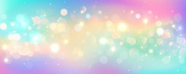 Duhové Pozadí Jednorožce Pastel Fantasy Nebe Bokeh Hvězdy Magická Holografická — Stockový vektor