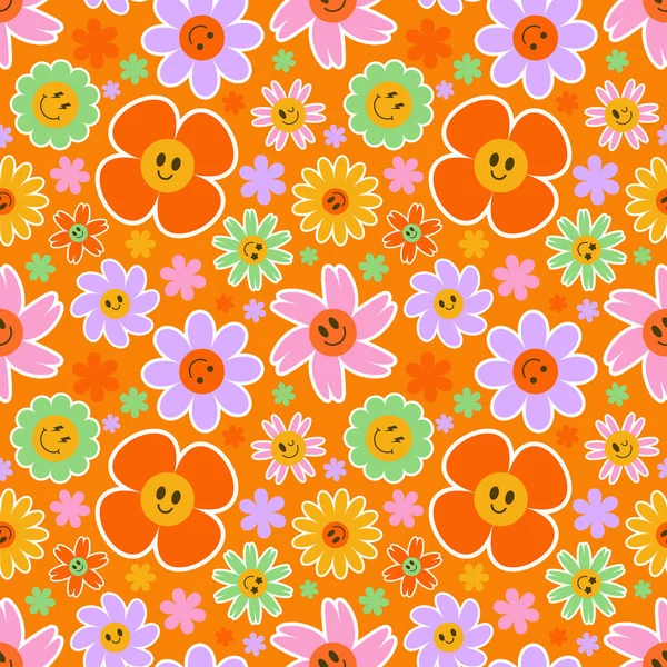 Groovy Flor Sem Costura Padrão Fundo Sorriso Floral Y2K Desenhos —  Vetores de Stock