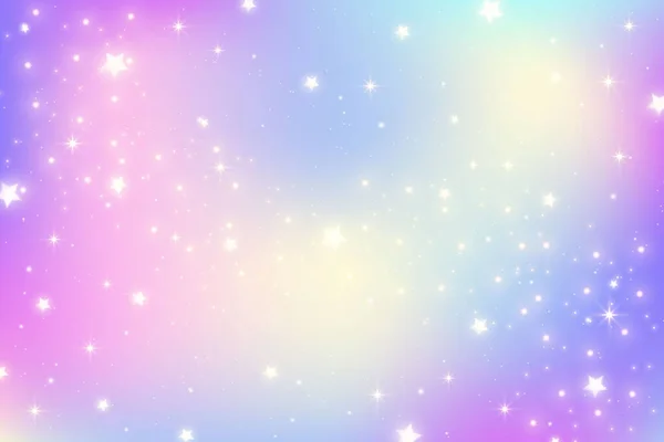 星とピンクのユニコーンの空 かわいい紫色のパステルの背景 幻想的な夢の銀河と妖精の光と魔法の波状の空間 ベクターイラスト — ストックベクタ
