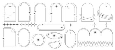Yıldızlı estetik çerçeveler ve şekiller. Minimum y2k çizgili parıltılı grafik tasarımı. Soyut minimalist kemer sınırları. Moda boho geometrik şablonlar ayarlandı. Vektör illüstrasyonu