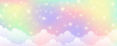 Cloudy sky background. Unicorn fantasy pastel galaxy. Rainbow cute wallpaper. Fluffy magic pink landscape. Vector illustration.