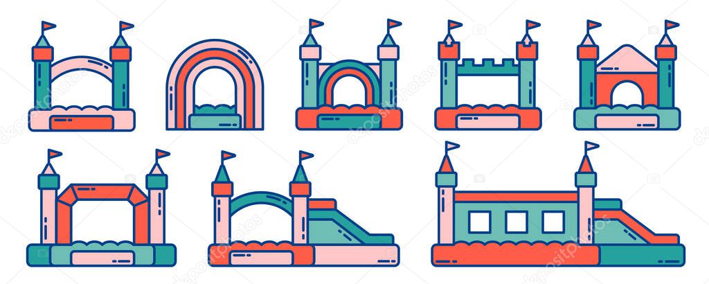 Bouncy inflatable castle icons set. Vector trampoline pictograms for jumping game isolated on white background. Colorful illustration.