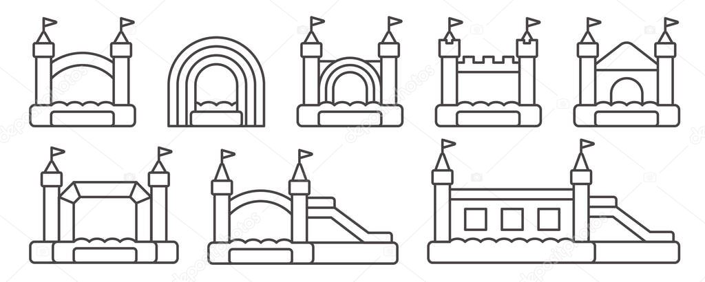 Bouncy inflatable castle icons set. Vector trampoline outline pictograms for jumping game isolated on white background