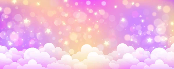 Pastel Gökyüzü Arkaplanı Bulutlu Yıldızlı Fantezi Yumuşak Renk Manzarası Çizgi — Stok Vektör