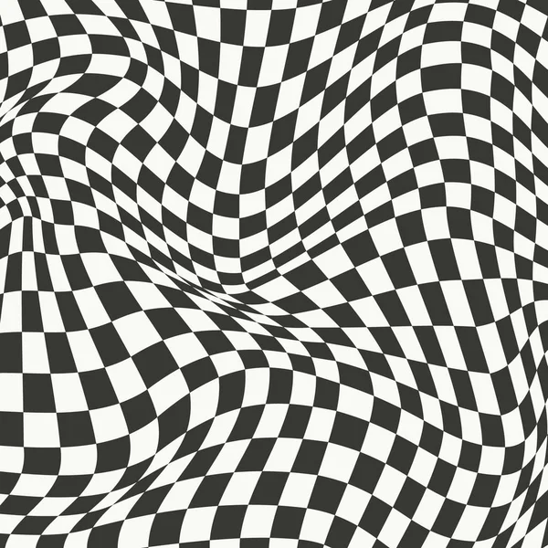 チェッカーボードの波状パターン 抽象的なチェスの正方形の印刷 黒と白のサイケデリックな光の幻想 幾何学的なグラフィックで包まれた旗 バナー用Y2Kデザイン — ストックベクタ