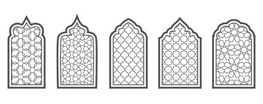 Ramazan penceresi desenli. Cami kapısının Arapça çerçevesi. İslami tasarım şablonu. Süslü vektör oryantal dekorasyonu