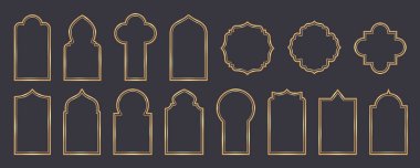 Ramazan penceresi şekilleri. İslami altın kemerler. Mimarinin süslemeli Müslüman camisi unsurları. Türk kapıları ve kapıları kuruldu. Vektör illüstrasyonu.