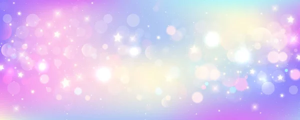 Fondo Unicornio Arco Iris Cielo Fantasía Pastel Con Bokeh Estrellas — Vector de stock
