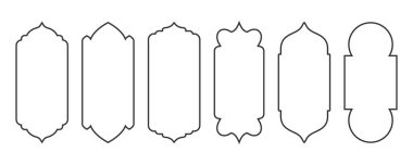 Ramadhan çerçeve şekilleri. Taslak vektör, İslamik kemer ve kapı. Müslüman süs etiketi. Tasarım elementleri beyaz arkaplanda izole edildi. Dekorasyon için geleneksel vintage simgeler.