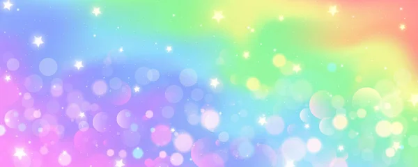 Rainbow Unicorn Background Pastel Watercolor Sky Glitter Stars Bokeh Fantasy — Stock Vector