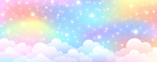 Rainbow Eenhoorn Pastel Achtergrond Met Glitter Sterren Roze Bewolkte Fantasiehemel — Stockvector