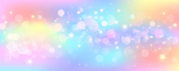 Rainbow Eenhoorn Pastel Achtergrond Met Glitter Sterren Roze Fantasiehemel Holografische — Stockvector