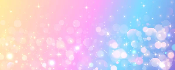 レインボーユニコーンの背景 キラキラした星とボケのパステルウォーターカラーの空 ホログラフィックテクスルーのファンタジー銀河 マジック マーブル スペース ベクトルイラスト — ストックベクタ