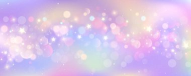 Mor tek boynuzlu at geçmişi. Pastel suluboya gökyüzü parlayan yıldızlar ve bokeh. Holografik dokusu olan bir fantezi galaksisi. Sihirli mermer alan. Vektör.