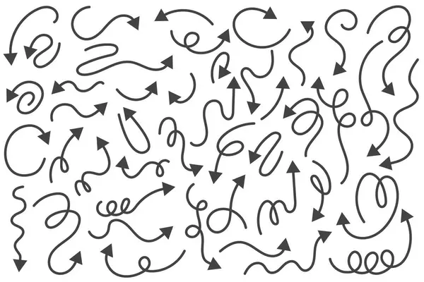 アローズベクトルセット 曲げられた手描きの要素 ドードルアウトラインブラックストローク 白い背景に隔離されたシンプルな漫画スワールドライブラリー — ストックベクタ