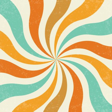 Retro güneş patlaması eskimiş arka plan. Grunge 'la duvar kağıtlarını kıvır. Sancak, poster, çerçeve ve arkaplan için spiral ışınlar sirk çizimi. Vektör bükülmüş tasarımı.