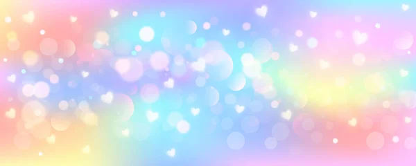 Unicorn Sky Hearts Bokeh Magic Rainbow Holographic Background Fantasy Kawaii — Stock Vector