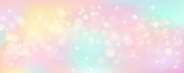 Rainbow Eenhoorn Pastel Achtergrond Met Glitter Sterren Roze Fantasiehemel Holografische — Stockvector