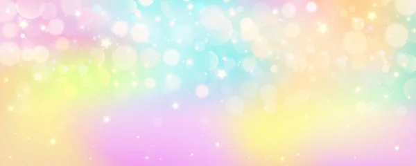レインボーユニコーンのパステルバックグラウンドと輝く星 ピンクファンタジーの空 ボケとのホログラフィックスペース 妖精のイリジエントグラデーションバックドロップ ベクトルイラスト — ストックベクタ