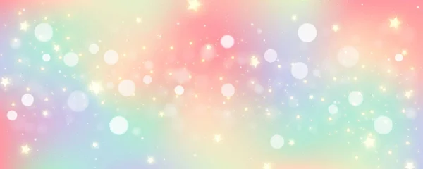 レインボーユニコーンのパステルバックグラウンドと輝く星 ピンクファンタジーの空 ボケとのホログラフィックスペース 妖精のイリジエントグラデーションバックドロップ ベクトルイラスト — ストックベクタ