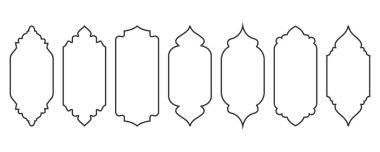 Ramazan penceresi ve kapı çerçeveleri şekillendirir. Süslü İslami kemerler. Doğulu tasarım elemanları. Arabesk ve Türk etiketleri. Vektör dekor ayarlandı.