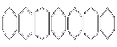 Ramazan çerçevesi şekilleri. Taslak vektör, İslamik kemer ve kapı. Müslüman süs etiketi. Tasarım elementleri beyaz arkaplanda izole edildi. Geleneksel vintage simgeleri.