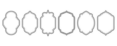 Ramadhan pencere çerçevesi şekilleri. İslami kemer ve kapı vektör çizgisi. Müslüman süs etiketi. Tasarım elementleri beyaz arkaplanda izole edildi. Dekorasyon için geleneksel vintage simgeler.