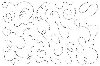 Ok vektörü ayarlandı. Eğri çizilmiş noktalı elementler. Kara çizgi vuruşu. Beyaz arkaplanda izole edilmiş basit karikatür çizimi