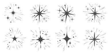 Noel yıldızı parlıyor. Parıldayan ışık ikonları. Parıltıyla parıldıyor. Parlak karalama sembolleri. Vektör dekorasyonu.