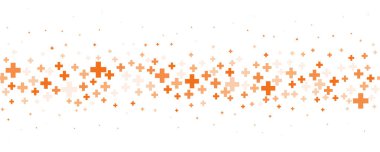 Tıbbi haç ve artı geçmiş. Hastane ve eczane için soyut turuncu arka plan. Geometrik şekiller sınırdaki süslemeler. Vektör arkaplanı.