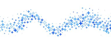 Tıbbi haç ve dalgalı bir geçmiş. Hastane ve eczane için soyut, kusursuz bir mavi arka plan. Geometrik şekiller sınırdaki süslemeler. Vektör arkaplanı.