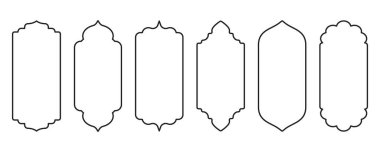 Ramadhan pencere çerçevesi şekilleri. İslami kemer ve kapı vektör çizgisi. Müslüman süs etiketi. Tasarım elementleri beyaz arkaplanda izole edildi. Dekorasyon için geleneksel vintage simgeler.