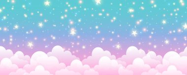 Cloudy sky background. Unicorn fantasy pastel galaxy. Rainbow cute wallpaper. Fluffy magic pink landscape. Vector illustration.