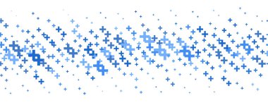 Tıbbi haç ve artı geçmiş. Hastane ve eczane için soyut, kusursuz bir mavi arka plan. Geometrik şekiller sınırdaki süslemeler. Vektör arkaplanı.