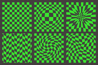Dama deseni. Siyah ve yeşil psikedelik dalgalı arka plan seti. Soyut ızgara warp dokusu. Y2k satranç tahtası geometrik tasarımı övüyor. Vektör illüstrasyonu