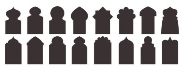 Ramazan çerçeve şekilleri ayarlandı. İslami tasarımı olan vektör kapı ve pencereler. Muslin doğu kapısı. Geleneksel süslemeli Hint mahsulleri. Mimari elementler ve çıkartmalar.