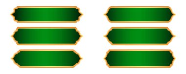 İslami Ramazan altın çerçevesi. Türk süsü ve yeşil arka planlı Arapça vektör tasarımı. Etiket afişi ve satış broşürü için Arabesque kurdele etiketi