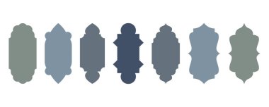 Ramazan şekilli pencere ve kapı tasarımı. Türk aksesuarlı İslami kemerler. Afiş ve dekor için Müslüman doğu şablonları. Vektör simgeleri.