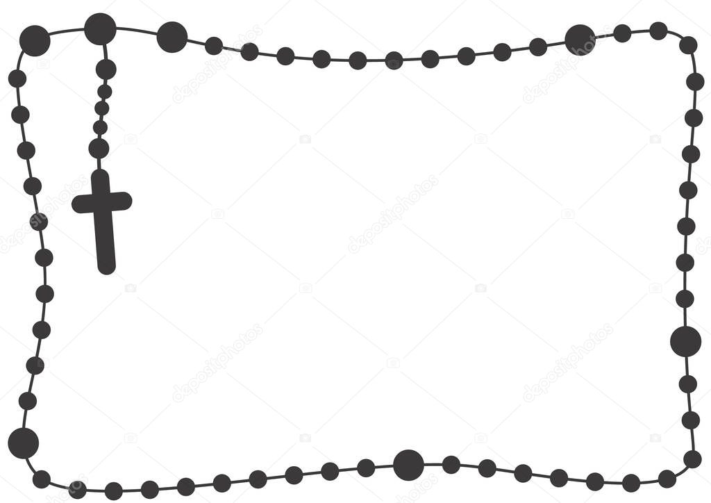 Rosary beads frame with copy space for text. Chain and cross. Religion Christian catholic symbol. Vector silhouette border