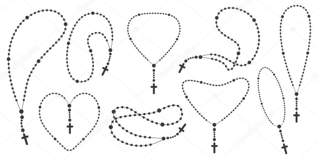 Rosary beads silhouettes set. Prayer heart shaped jewellery for meditation. Catholic chaplet with a cross. Religion symbol. Vector isolated illustration