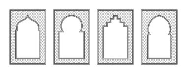 Islamic frame with arch and ornament. Ramadan gate on geometric background for wedding invitation design. Vector oriental decorations set clipart