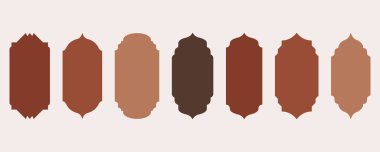 Ramazan şekilli pencere ve kapı tasarımı. Türk aksesuarlı İslami kemerler. Afiş ve dekor için Müslüman doğu şablonları. Vektör simgeleri.