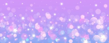 Mor tek boynuzlu at geçmişi. Pastel menekşe gökyüzü parıltılı yıldızlar ve bokeh. Holografik dokusu olan bir fantezi galaksisi. Sihirli mermer alan. Vektör.