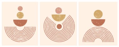 Geometrik çizgiler zen desenleri. Soyut desenli kemer ve şekiller. Doğrusal ana hatları olan denge figürleri tasarımı. Nordic boho minimal organik çizimler ve estetik retro baskılar