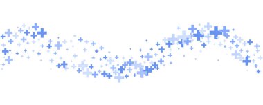 Tıbbi haç ve dalgalı bir geçmiş. Hastane ve eczane için soyut mavi şekiller. Geometrik sınır süsü. Vektör duvar kağıdı.