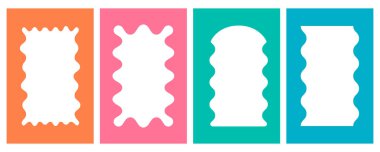 Psikedelik dalgalı çerçeve. Deniz tarağı kenarlı, dikdörtgen kenarlı. Vector doodle karalama estetik afişler. Post ve öykü için tuhaf geometrik soyut şekiller. Y2k şirin dekorasyon..